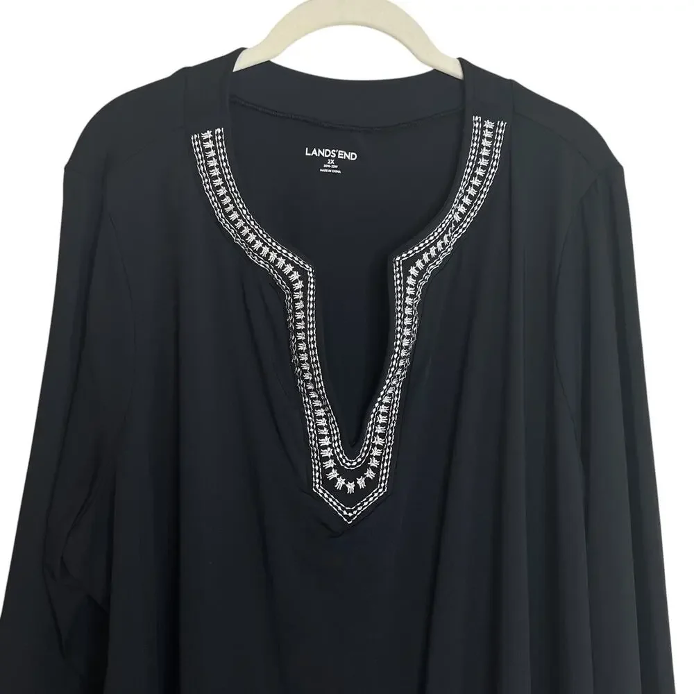 Lands End Womens Swim Cover Up Tunic Embroidered Long Sleeve 2X Black